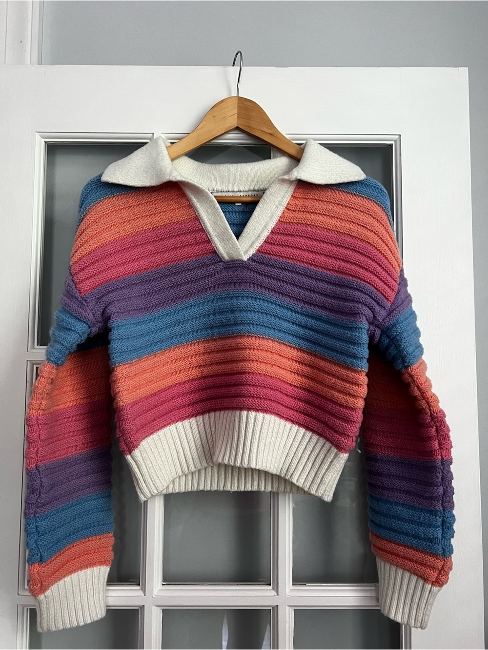 English Factory Striped V-Neck Sweater in Coral, Pink, Purple, Blue & White - Picture 3 of 6